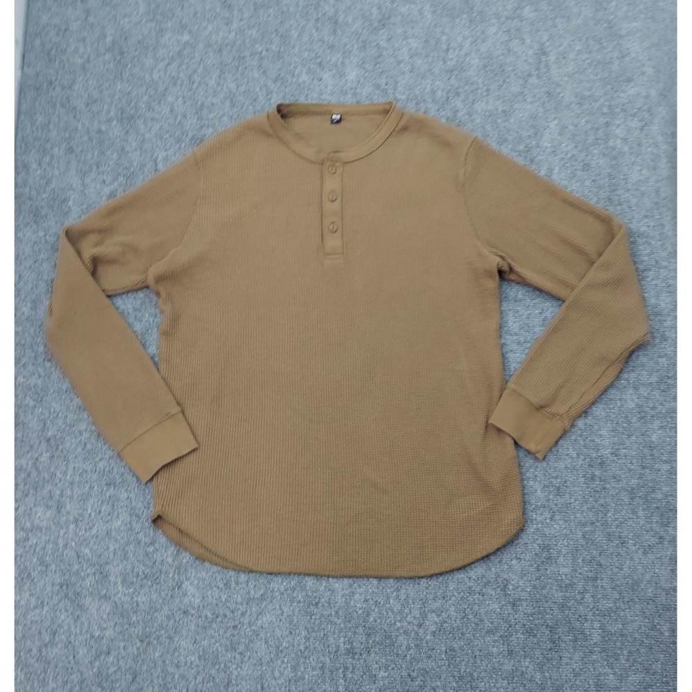 Uniqlo Thermal Henley Shirt Mens Large Brown Waffle Knit Pullover Stretch L/S